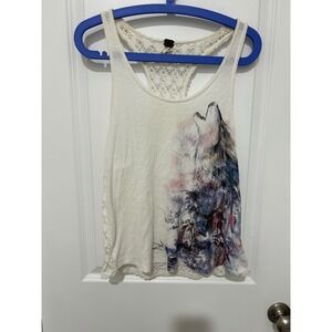 We The Free Womens White Lace Trim Wolf Graphic Tank Top Size S